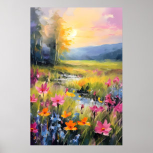 Affiche Prairie de fleurs sauvages vibrantes au coucher du