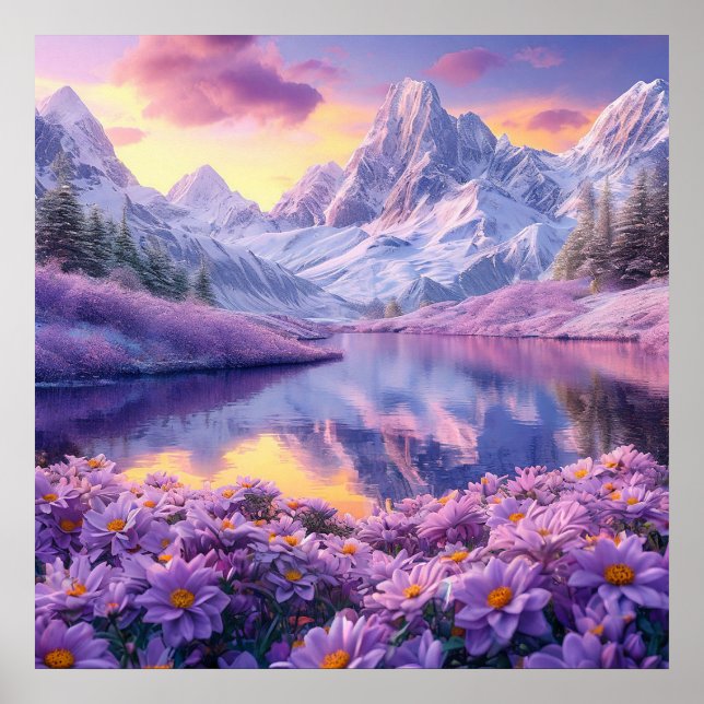 Affiche Prairie de fleurs violettes Lac alpin Coucher de s (Devant)