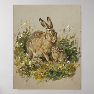 Affiche Prairie de lapins vintage I Peinture vintage