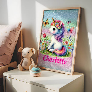 Affiche Prairie de licorne scintillante de fleurs sauvages