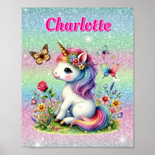 Affiche Prairie de licorne scintillante de fleurs sauvages
