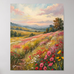 Affiche Prairie fleurie sereine au coucher du soleil, pein
