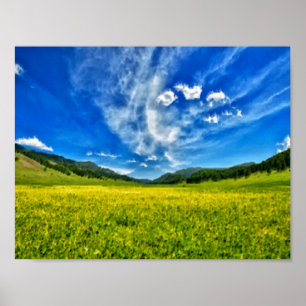 Affiche pré de printemps et ciel bleu