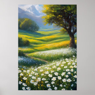 Affiche Pré vert et Fleurs blanches
