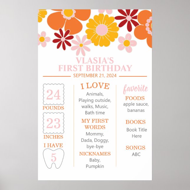 Affiche Premier anniversaire Retro Groovy One Floral étape (Devant)