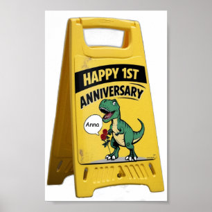 Affiche Premier anniversaire T-rex avec des roses