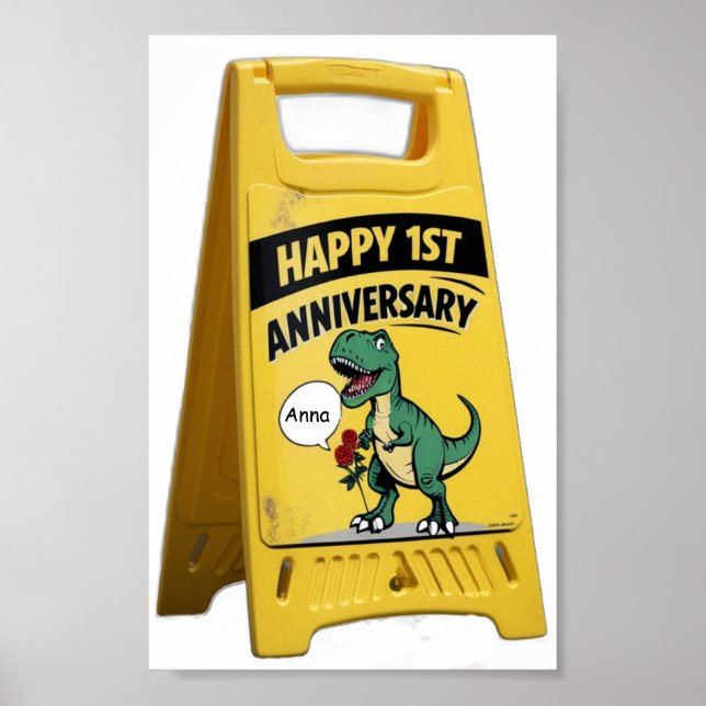 Affiche Premier anniversaire T-rex avec des roses (Devant)