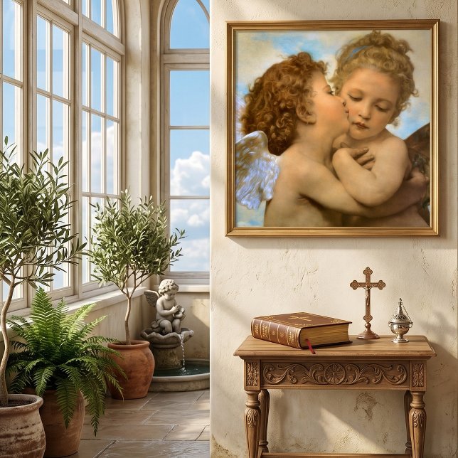 Affiche Premier Baiser (détail d'ange) par Bouguereau (The First Kiss, angels detail by Bouguereau is a vintage Victorian Era realism painting.)
