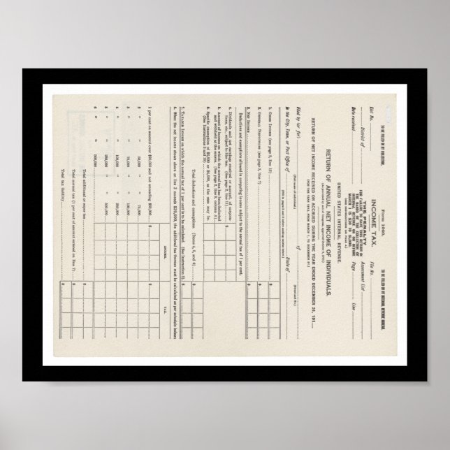 Affiche Premier formulaire d'impôt américain sur le revenu (Devant)