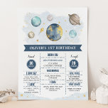 Affiche Premier voyage autour du Sun Navy Boy Birthday Sta<br><div class="desc">Marine & or espace extérieur 1er anniversaire signe jalon</div>