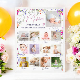 Affiche Première année de Floral Baby’s Photo Collage Mile