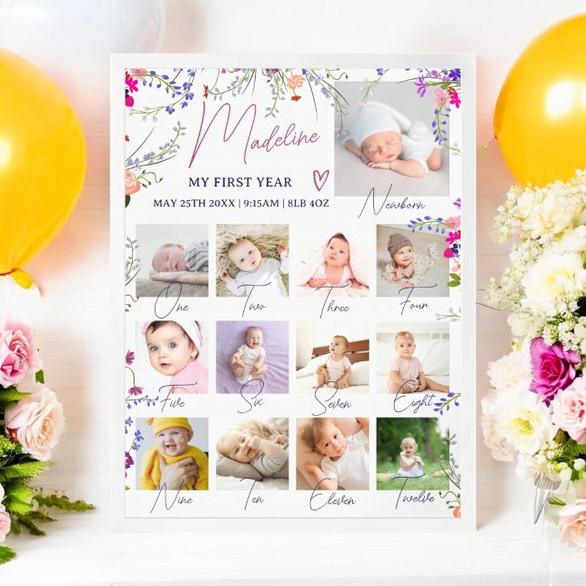 Affiche Première année de Floral Baby’s Photo Collage Mile (Floral Baby’s First Year Photo Collage Milestone Poster)