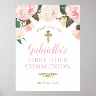 Affiche Première communion & baptême, floral rose or