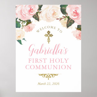 Affiche Première communion & baptême, floral rose or