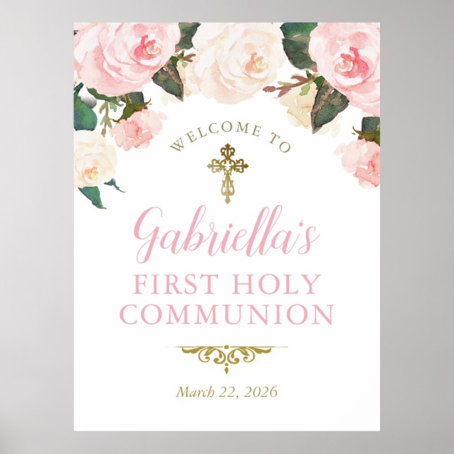 Affiche Première communion & baptême, floral rose or (Devant)