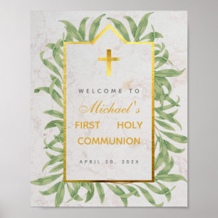 Affiche Première communion Bienvenue verdure Marbre doré f