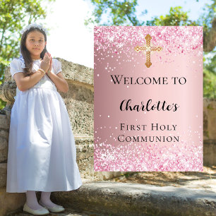 Affiche Première communion confetti rose bienvenue
