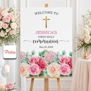 Affiche Première communion de fille Croix d'or Roses Flora
