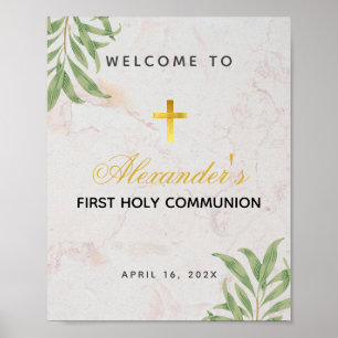 Affiche Première communion Marbre Foliage Gold Croix Bienv