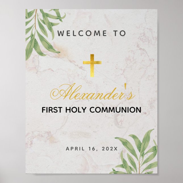 Affiche Première communion Marbre Foliage Gold Croix Bienv (Devant)