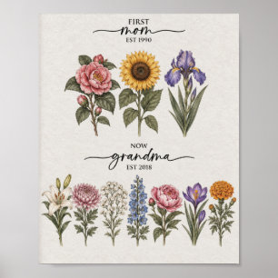 Affiche Première maman à grand-mère Fleurs de naissance de