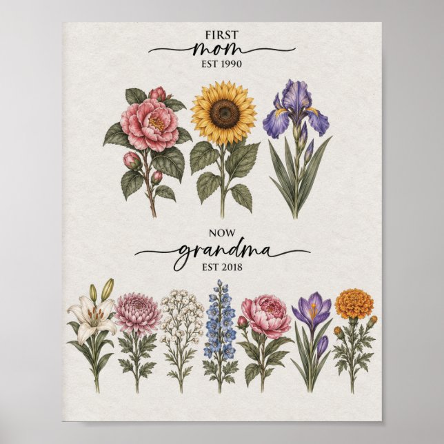 Affiche Première maman à grand-mère Fleurs de naissance de (Devant)
