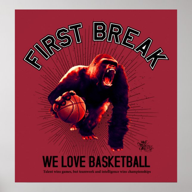 Affiche Première pause, Love Basketball, gorille dribbling (Devant)