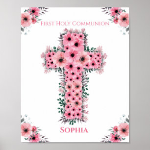 Affiche Première Sainte Communion Fille Rose Fleur Croix C