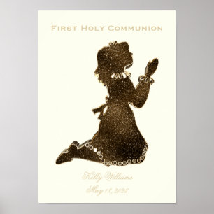 Affiche Première Sainte Communion priant fille or Élégant