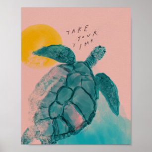 Affiche Prenez votre temps - Tortue de mer, rose, vert