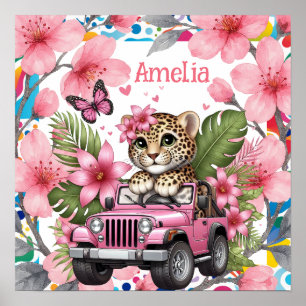 Affiche Prénom de l'enfant & Animaux de la Jungle Florale