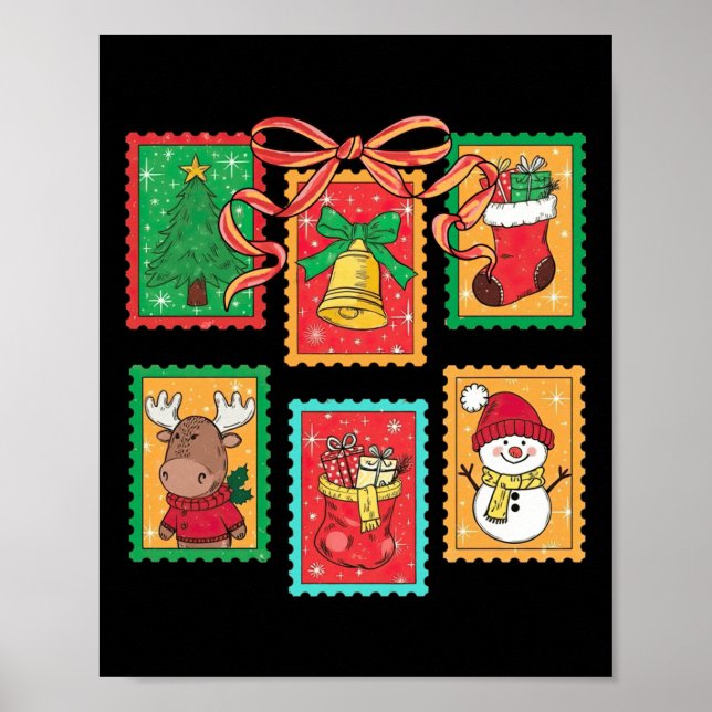 Affiche Preppy Christmas Stamps Coquette Bow Reindeer Xmas (Devant)