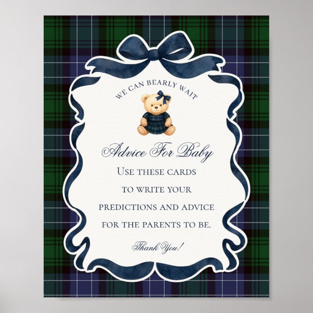 Affiche Preppy Coquette Bow Bear Shower Advice for Baby (Devant)
