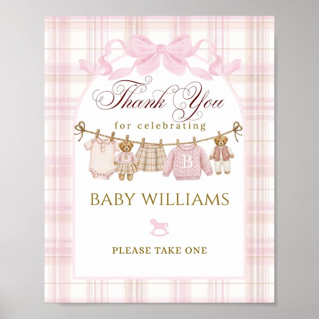 Affiche Preppy Teddy Bear Girl Baby Shower Plaid Bow Favor (Devant)