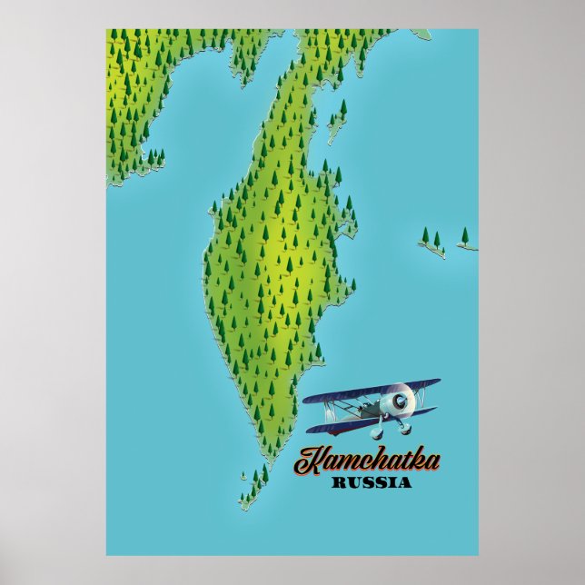Affiche Presqu'île de Kamtchatka Russie carte de voyage. (Devant)