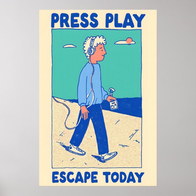 Affiche Press Play Impression d'art rétro Walkman  (Devant)
