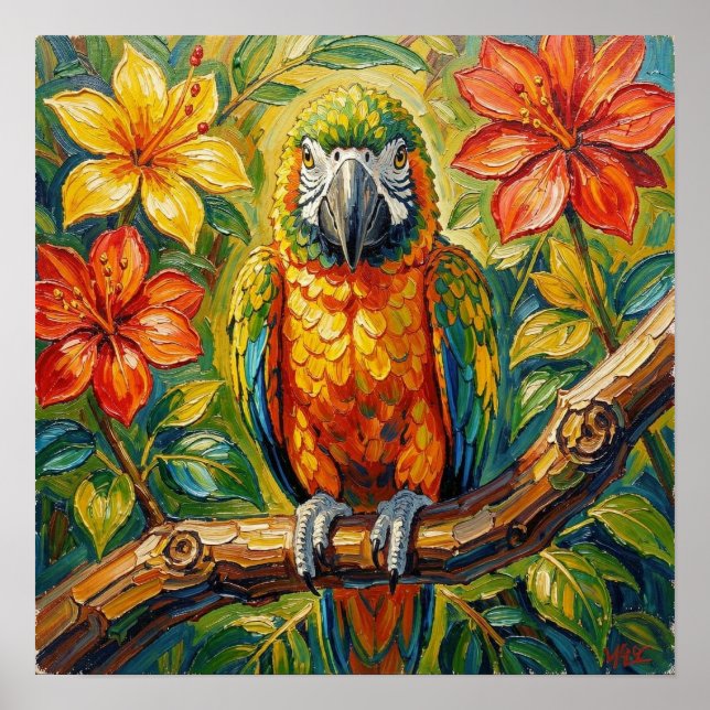 Affiche Pretty Colorful Impasto Parrot and Tropical Flower (Devant)