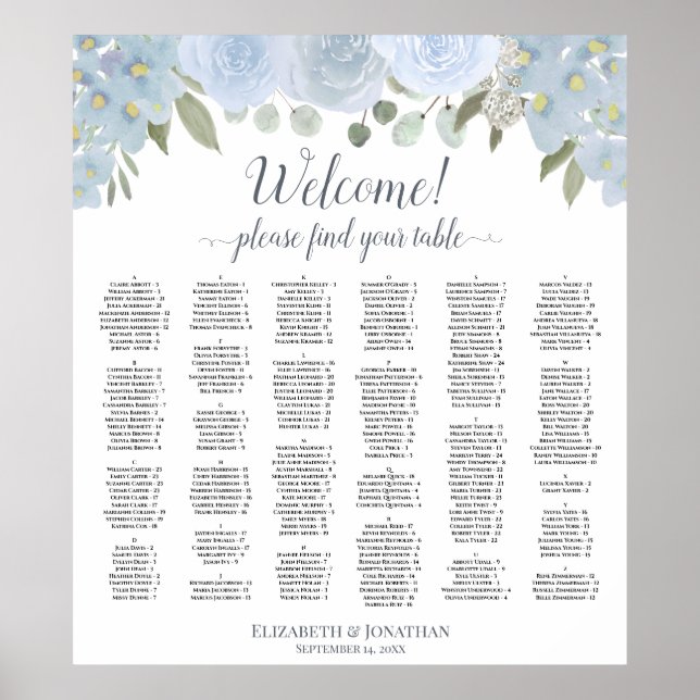 Affiche Pretty Dusty Blue Roses Alphabetical Seating Chart (Devant)