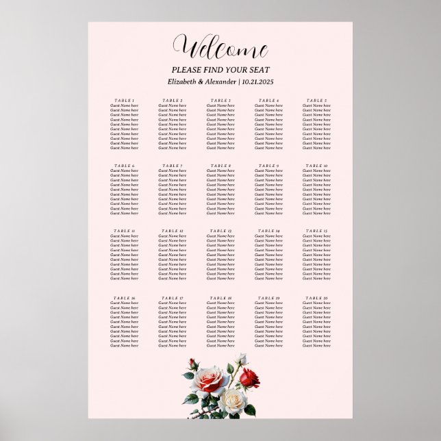 Affiche Pretty pink white red roses seating chart (Devant)