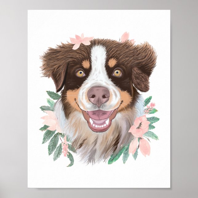 Affiche Pretty Red Tri Australian Shepherd | Floral (Devant)