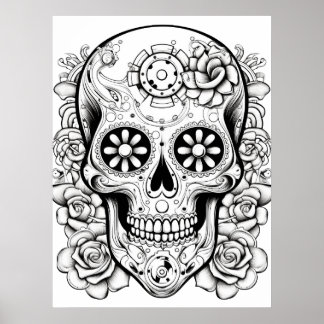 Affiche Pretty Sugar Skull Image Black + White Art on Wall