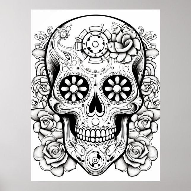 Affiche Pretty Sugar Skull Image Black + White Art on Wall (Devant)