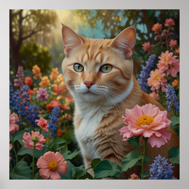 Affiche Pretty white orange cat in floral garden (Devant)