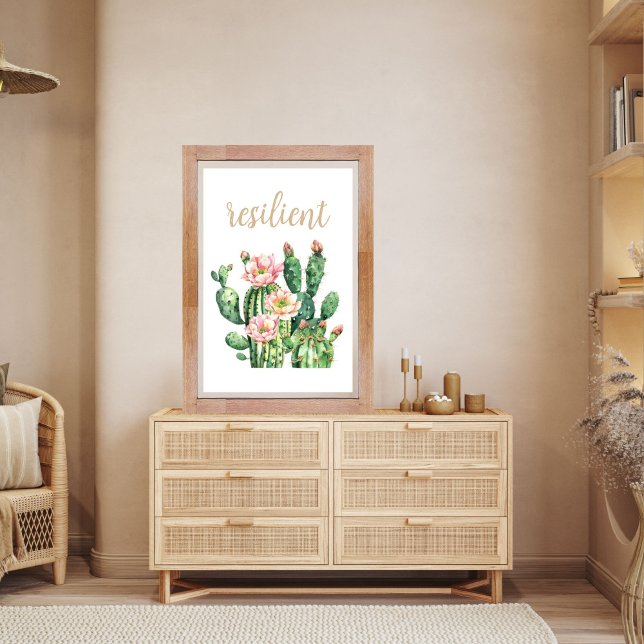 Affiche Prickly Pear Cactus Aquarelle Résilient Désert (Prickly Pear Cactus Blossom Inspirational Wall Art In Customizable Size and Editable Resilient Text)