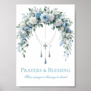Affiche Prière de baptême Rose Bleue & Croix d'Argent