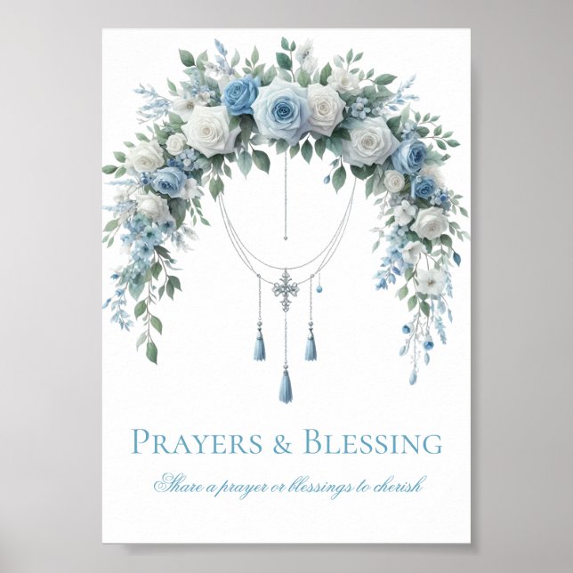 Affiche Prière de baptême Rose Bleue & Croix d'Argent (Devant)