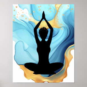 Affiche Prière Pose Yoga femme Blue Gold cheveux courts to