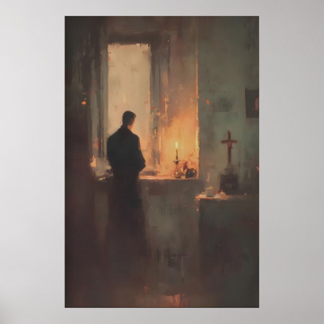 Affiche Priest Praying By Candlelight, Christian Wall Art (Devant)
