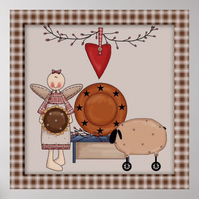 Affiche Primitive Country Sunflower Sheep & Angel Decor (Devant)