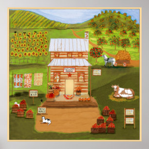 Affiche Primitive folk Art Old Country Store Farm Animaux